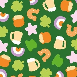 St Paddies icons - colorful kawaii style retro Saint Patrick's Day design with rainbow irish colors shamrock beer and pot with gold orange pink lilac green on jade LARGE