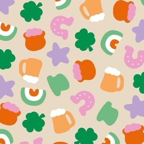 St Paddies icons - colorful kawaii style retro Saint Patrick's Day design with rainbow irish colors shamrock beer and pot with gold lilac pink green orange on sand LARGE