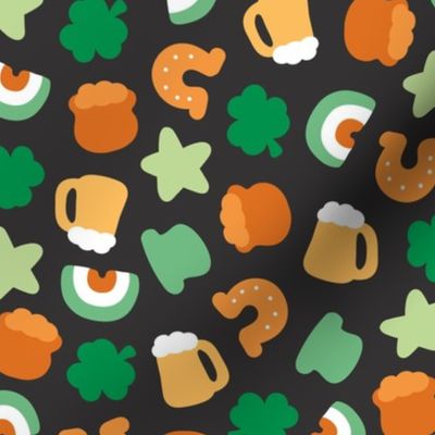 St Paddies icons - colorful kawaii style retro Saint Patrick's Day design with rainbow irish colors shamrock beer and pot with gold green mint golden orange on charcoal LARGE