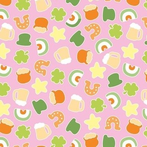 Cute St Paddies icons - colorful kawaii style retro Saint Patrick's Day design with rainbow irish colors shamrock beer and pot with gold stickers lime green orange blush on pink 