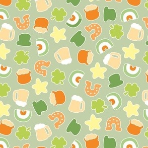 Cute St Paddies icons - colorful kawaii style retro Saint Patrick's Day design with rainbow irish colors shamrock beer and pot with gold stickers lime green orange blush on sage 