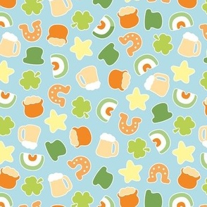 Cute St Paddies icons - colorful kawaii style retro Saint Patrick's Day design with rainbow irish colors shamrock beer and pot with gold stickers lime green orange blush on baby blue 