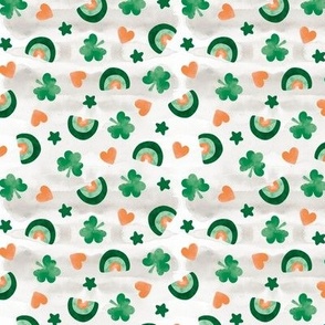 St Patrick' Day watercolor rainbows shamrock and hearts orange green on beige white