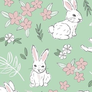 Little cutesy bunny garden - Easter bunnies flowers and leaves for spring white pink olive green on mint  nursery wallpaper