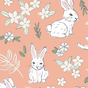 Little cutesy bunny garden - Easter bunnies flowers and leaves for spring white green mint on peach orange nursery Wallpaper