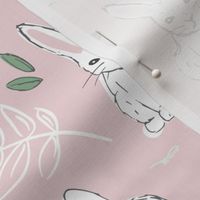 Little cutesy bunny garden - Easter bunnies flowers and leaves for spring white moody pink nursery wallpaper