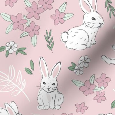 Little cutesy bunny garden - Easter bunnies flowers and leaves for spring white moody pink nursery wallpaper