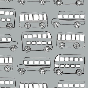 Large Gray grey doodle bus - fun cute buses for kids childrens fabric wallpaper school bus transportation traffic vehicles double decker bus - boy girl nursery gender neutral fashion - Sewing Baby Blankets Quilt Backing