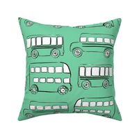 Large Jade green doodle bus - fun cute buses for kids childrens fabric wallpaper school bus transportation traffic vehicles double decker bus - boy girl nursery gender neutral fashion - Sewing Baby Blankets Quilt Backing