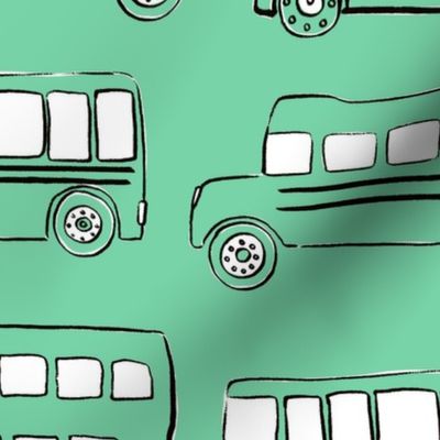 Large Jade green doodle bus - fun cute buses for kids childrens fabric wallpaper school bus transportation traffic vehicles double decker bus - boy girl nursery gender neutral fashion - Sewing Baby Blankets Quilt Backing