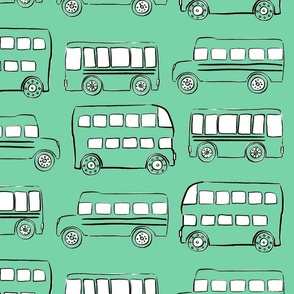 Large Jade green doodle bus - fun cute buses for kids childrens fabric wallpaper school bus transportation traffic vehicles double decker bus - boy girl nursery gender neutral fashion - Sewing Baby Blankets Quilt Backing