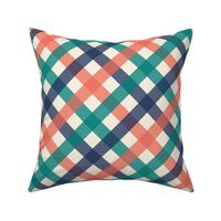 Diagonal Checkerboard - Coastal Chic Collection - Classic Navy, Sea Green and Coral Orange - Ivory BG