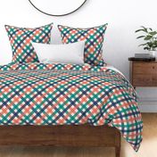 Diagonal Checkerboard - Coastal Chic Collection - Classic Navy, Sea Green and Coral Orange - Ivory BG