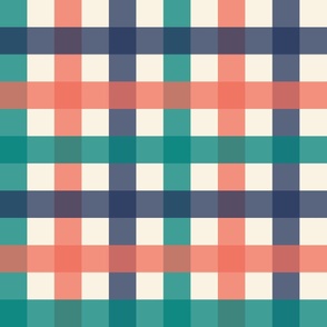 Checkerboard - Coastal Chic Collection - Classic Navy, Sea Green and Coral Orange - Ivory BG