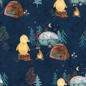 Yellow Duck Buddy Camping in the Forest with Tent and Campervan Caravan