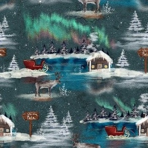 North Pole Santa Cottage Reindeer Winter Christmas Xmas Aurora Borealis Northern Lights