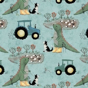 Dinosaur Cute Dino Baby with Tractor, Farm, Country, Baby Boy, Sheep Dog