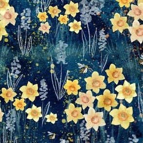 Boho Floral Daffodils and Hyacinths Spring Flowers Floral Navy Honey Bees