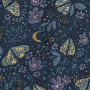 Floral Moths Secret Garden Navy Purple moon