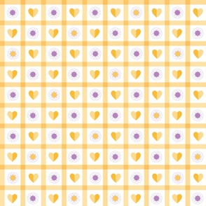 Cottage checks yellow purple with hearts and daisies