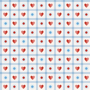 Cottage checks blue red with hearts and daisies