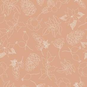 8x8 Large Scale - Christmas Themed Outline Line Art - Poinsettia - Champagne Pink - Pinecones - Holly Berries - Flowers Outline - Holiday - Doodles Christmas