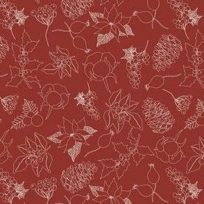 5x5 Medium Scale - Christmas Themed Outline Line Art - Poinsettia - Cranberry Red - Pinecones - Holly Berries - Flowers Outline - Holiday - Doodles Christmas