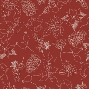 8x8 Large Scale - Christmas Themed Outline Line Art - Poinsettia - Cranberry Red - Pinecones - Holly Berries - Flowers Outline - Holiday - Doodles Christmas