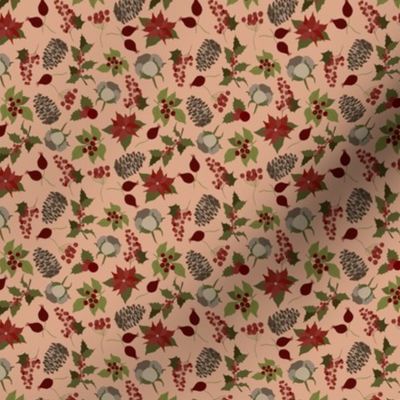 3x3 Small Scale Holiday Floral - Christmas Fabric - Pinecones - Champagne Pink - Poinsettia - Holly Berries - Floral Aesthetic - Christmas Holiday Elements