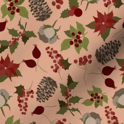 8x8 Large Scale Holiday Floral - Christmas Fabric - Pinecones - Champagne Pink - Poinsettia - Holly Berries - Floral Aesthetic - Christmas Holiday Elements