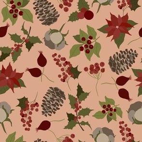 8x8 Large Scale Holiday Floral - Christmas Fabric - Pinecones - Champagne Pink - Poinsettia - Holly Berries - Floral Aesthetic - Christmas Holiday Elements