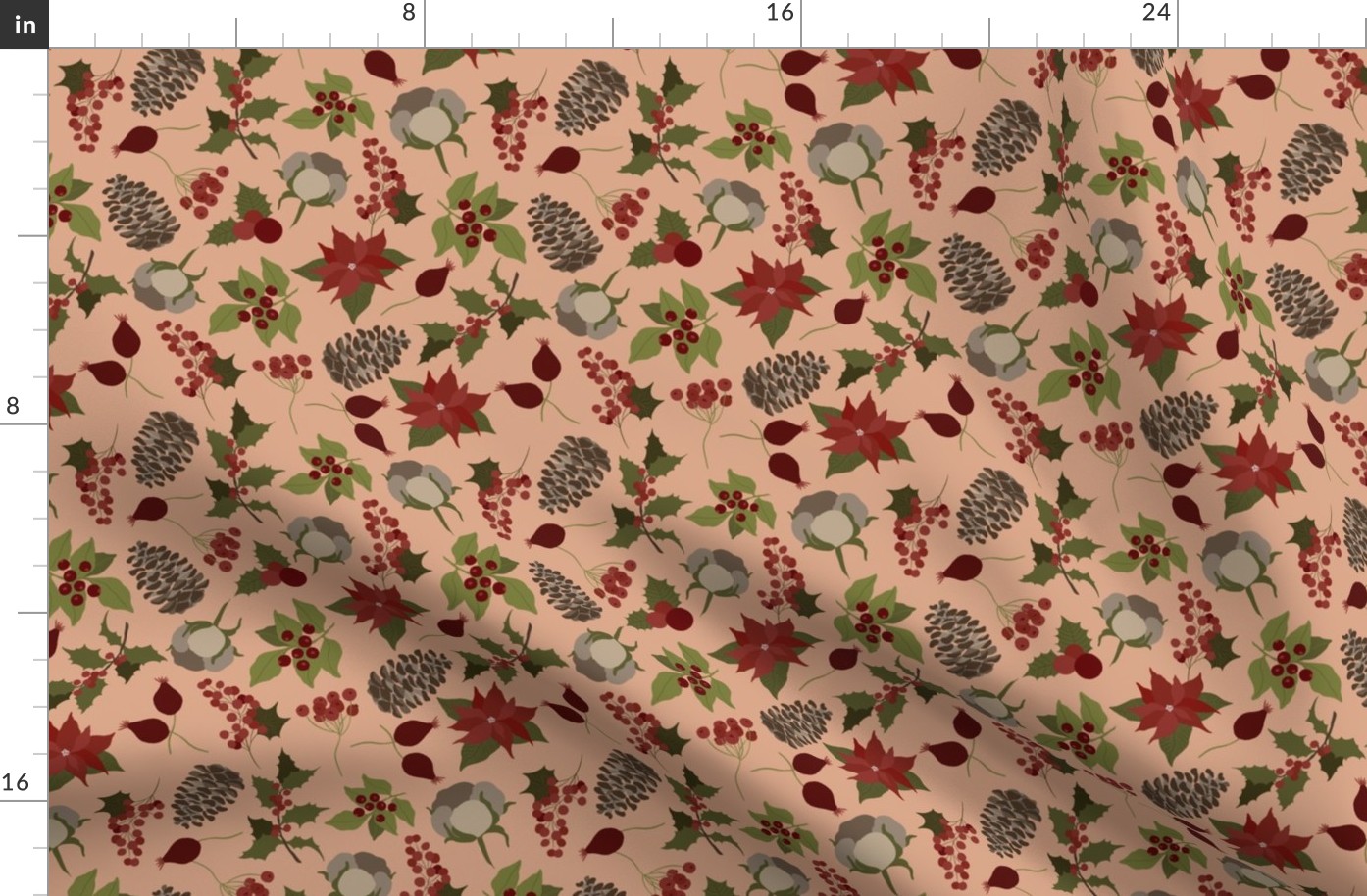 8x8 Large Scale Holiday Floral - Christmas Fabric - Pinecones - Champagne Pink - Poinsettia - Holly Berries - Floral Aesthetic - Christmas Holiday Elements