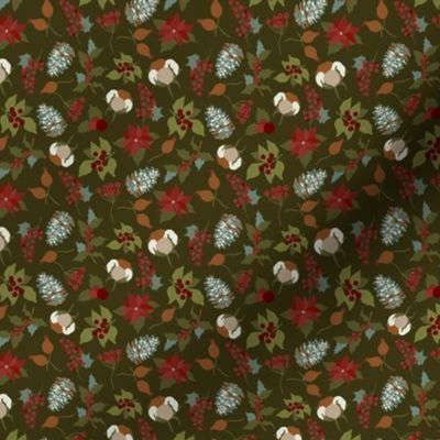 3x3 Small Scale Holiday Floral - Christmas Fabric - Pinecones - Dark Olive Green - Poinsettia - Holly Berries - Floral Aesthetic - Christmas Holiday Elements