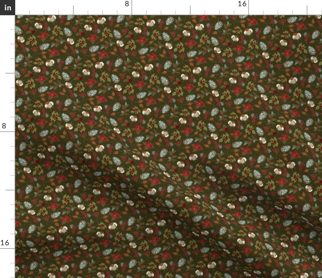 3x3 Small Scale Holiday Floral - Christmas Fabric - Pinecones - Dark Olive Green - Poinsettia - Holly Berries - Floral Aesthetic - Christmas Holiday Elements