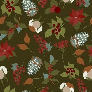 8x8 Large Scale Holiday Floral - Christmas Fabric - Pinecones - Dark Olive Green - Poinsettia - Holly Berries - Floral Aesthetic - Christmas Holiday Elements