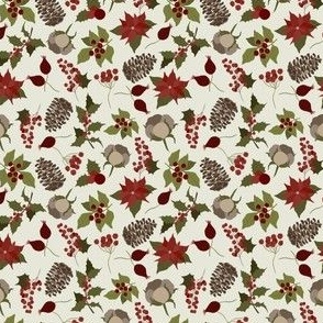3x3 Small Scale Holiday Floral - Christmas Fabric - Pinecones - Powder Cream - Poinsettia - Holly Berries - Floral Aesthetic - Christmas Holiday Elements