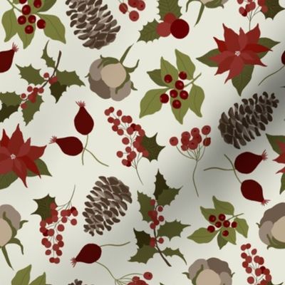 8x8 Large Scale Holiday Floral - Christmas Fabric - Pinecones - Powder Cream - Poinsettia - Holly Berries - Floral Aesthetic - Christmas Holiday Elements