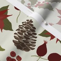 8x8 Large Scale Holiday Floral - Christmas Fabric - Pinecones - Powder Cream - Poinsettia - Holly Berries - Floral Aesthetic - Christmas Holiday Elements