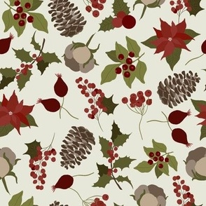 8x8 Large Scale Holiday Floral - Christmas Fabric - Pinecones - Powder Cream - Poinsettia - Holly Berries - Floral Aesthetic - Christmas Holiday Elements