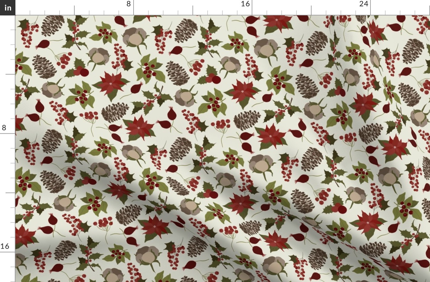 8x8 Large Scale Holiday Floral - Christmas Fabric - Pinecones - Powder Cream - Poinsettia - Holly Berries - Floral Aesthetic - Christmas Holiday Elements