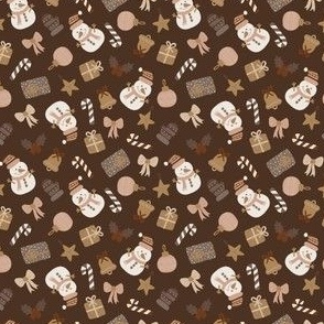 3x3 Small Scale Festive Holiday - Christmas Elements - Snowman - Candycanes - Presents - Christmas Ornaments - Chocolate Brown Background