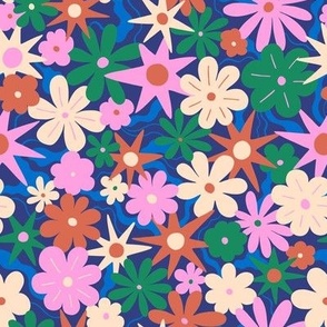 Modern playful groovy flowers with suns and stars in pink, blue, green and beige  - Medium scale