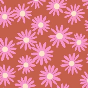Minimal scattered daisies in terracotta red and hot pink - Medium scale