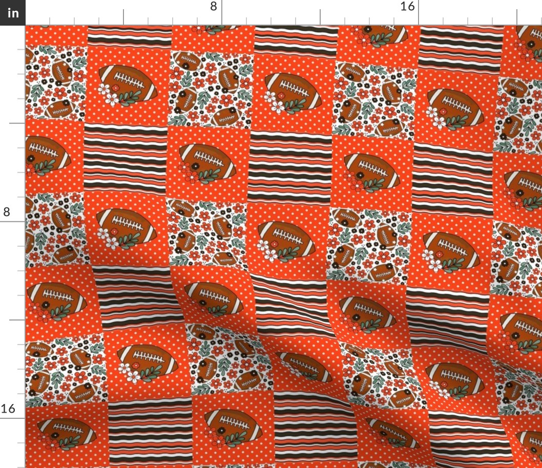 Smaller Patchwork 3" Squares Team Spirit Football Flowers and Stripes in Cleveland Browns Colors Orange White Brown for Cheater Quilt or Blanket