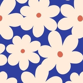 Minimal and modern bold floral shapes in beige on indigo blue - Large scale