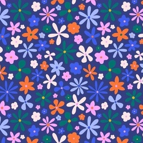 Playful modern colorful floral shapes in blue shades, pink and orange on navy - Small scale