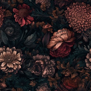Dark Moody Blooms Floral Peony Pattern Wallpaper Fabric