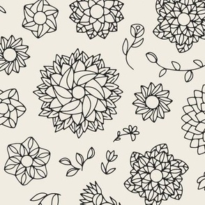 geometric flowers - creamy white_ raisin black - floral