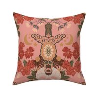 Boho Whimsi Gothic Skull Red roses on Coral Pink