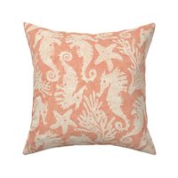 Seahorses, starfish & seaweed | cream on coral wavy linen texture block print style  | large